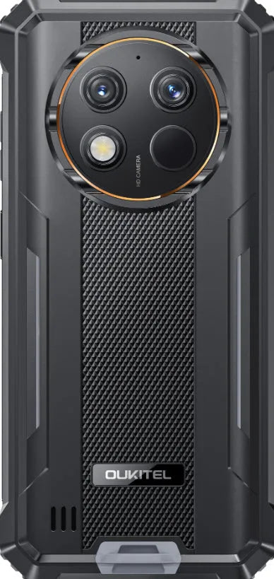 OUKITEL G1 mobile phone in grey, green, or orange colour on a plain background.
