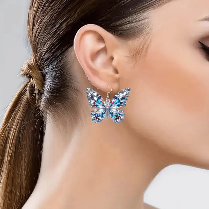 Pair of printed acrylic butterfly earrings with 2D sparkling design, unisex animal zodiac mallard style