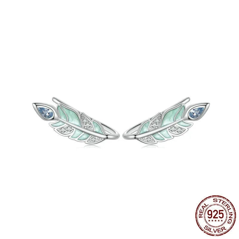 Feather stud earrings in S925 sterling silver with white gold plating, colour BSE933, women's all-match jewellery