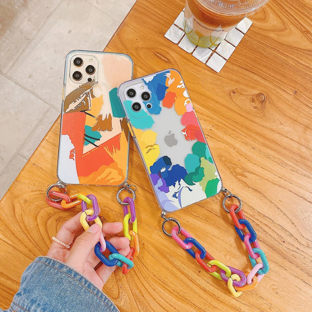 Colourful graffiti patterned phone case with built-in bracelet strap for iPhone models