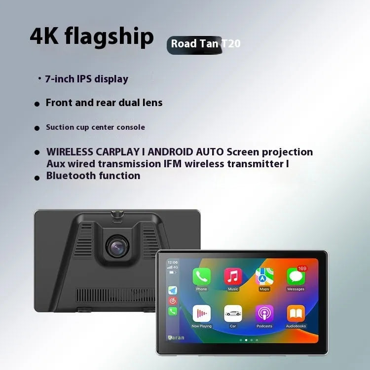 Black 7-inch wireless CarPlay projection camera and dash cam with touch screen for dashboard mounting.