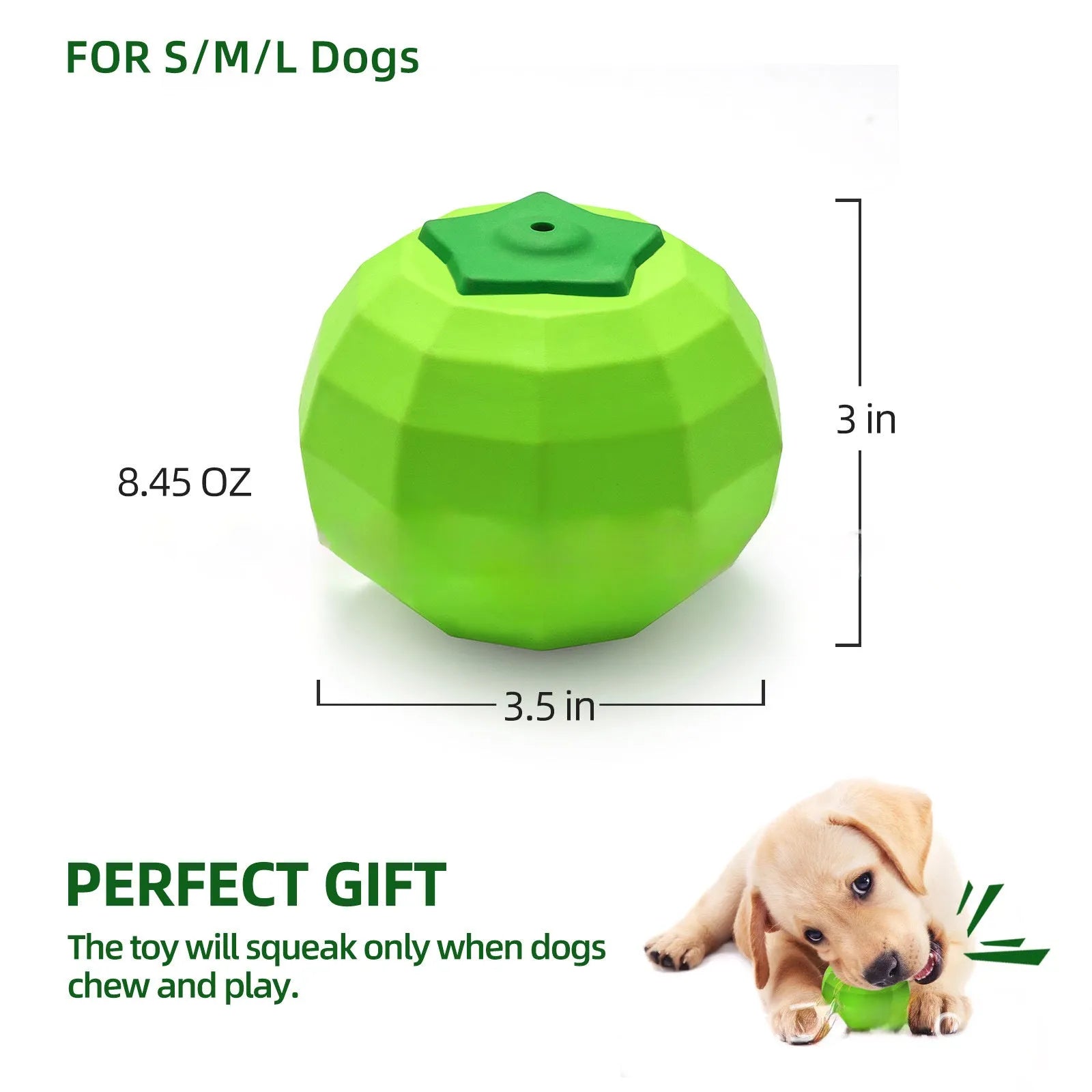 Green natural rubber dog ball with squeaker for aggressive chewers, measures 90x86x80mm