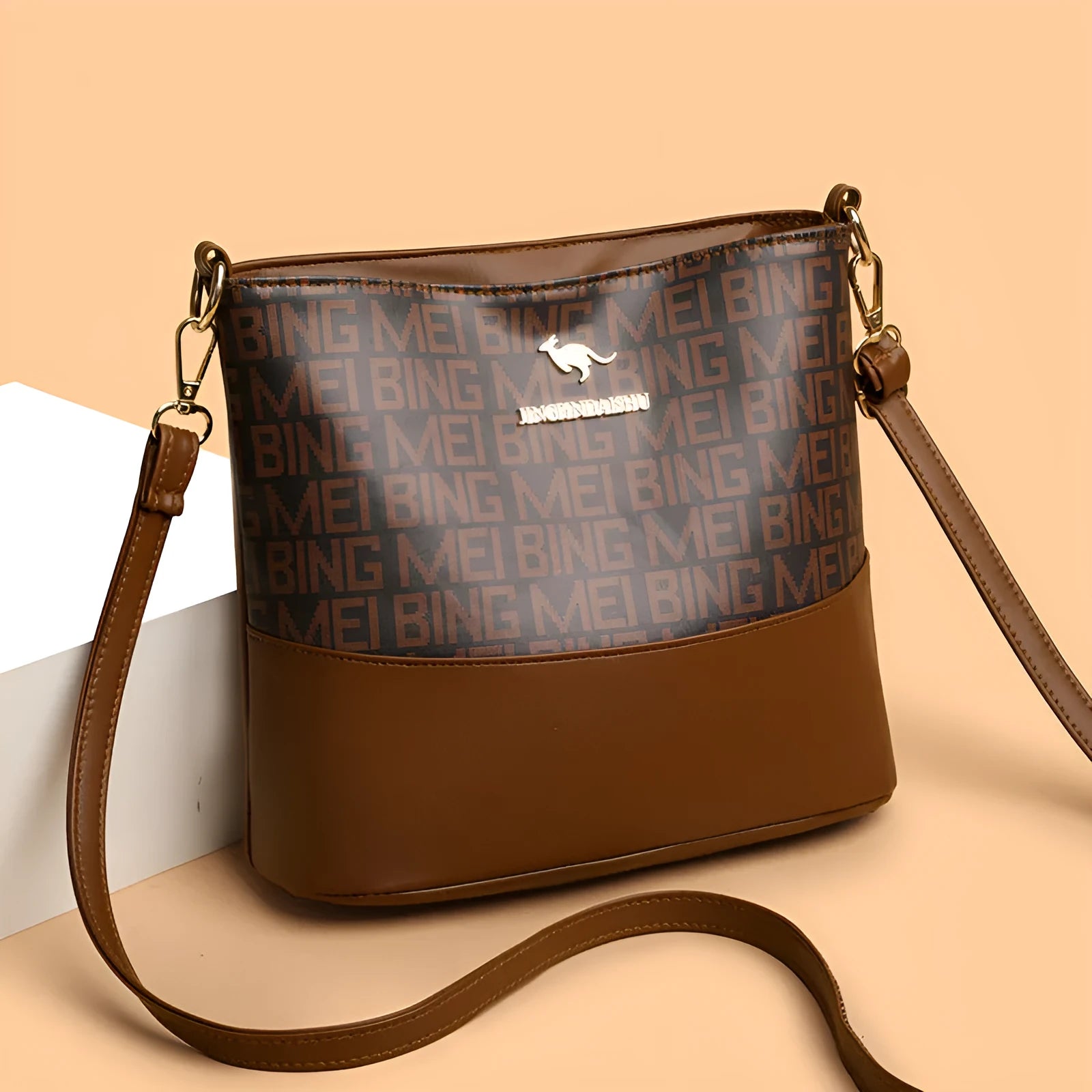 Brown retro style soft leather messenger bag with multiple compartments and sewing thread detailing