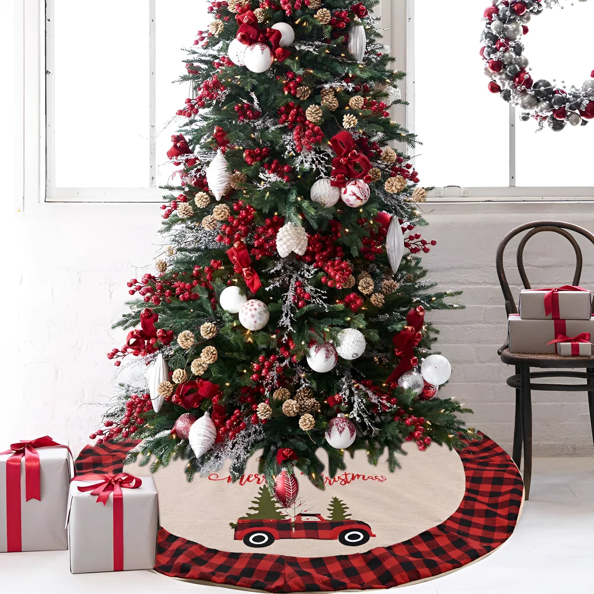 120cm diameter imitated linen cloth Christmas tree skirt with Car Christmas Tree design, showing mechanical stitching