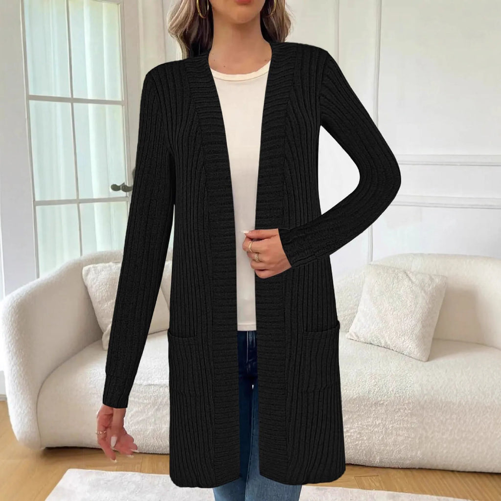 Long sleeve loose pockets knitted cardigan jacket in black colour showing front cardigan design and pocket details