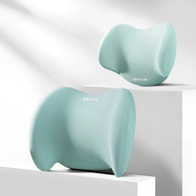Automotive headrest and lumbar support pillows with geometric pattern and memory foam filling