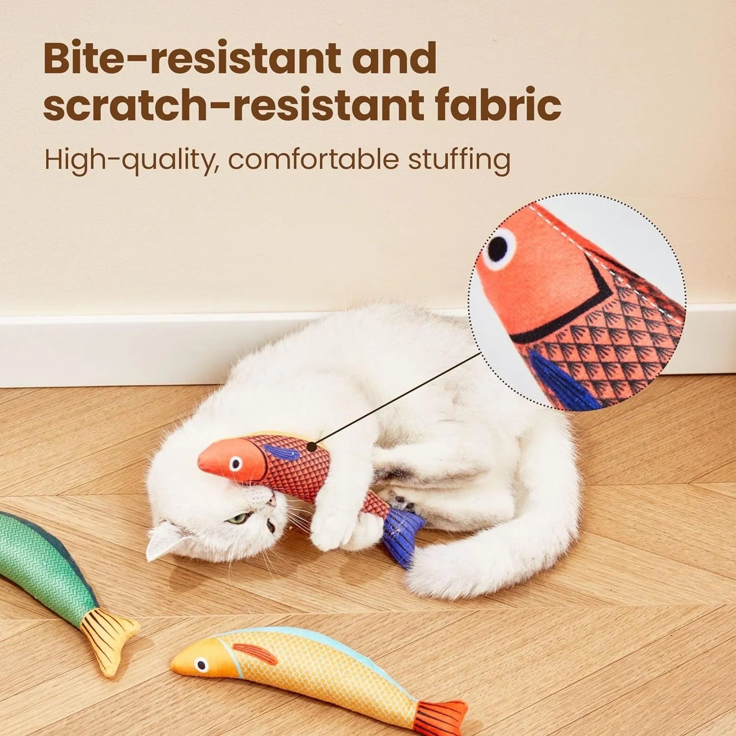 Green catnip-filled saury fish cat toy with crinkle sound, measuring 24 cm for indoor feline exercise