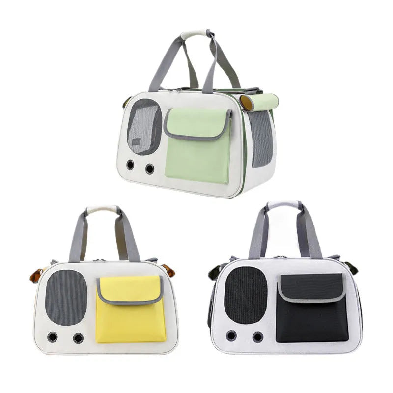 Foldable canvas pet carrier backpack shown in yellow colour with a single shoulder strap.