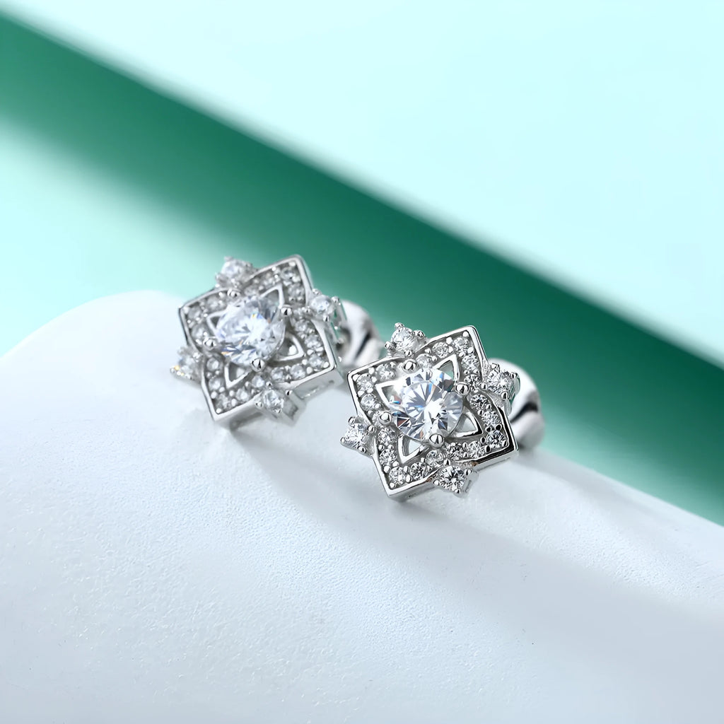 S925 sterling silver flower and star stud earrings with inlaid zircon and 4x4mm main stones in white gold colour