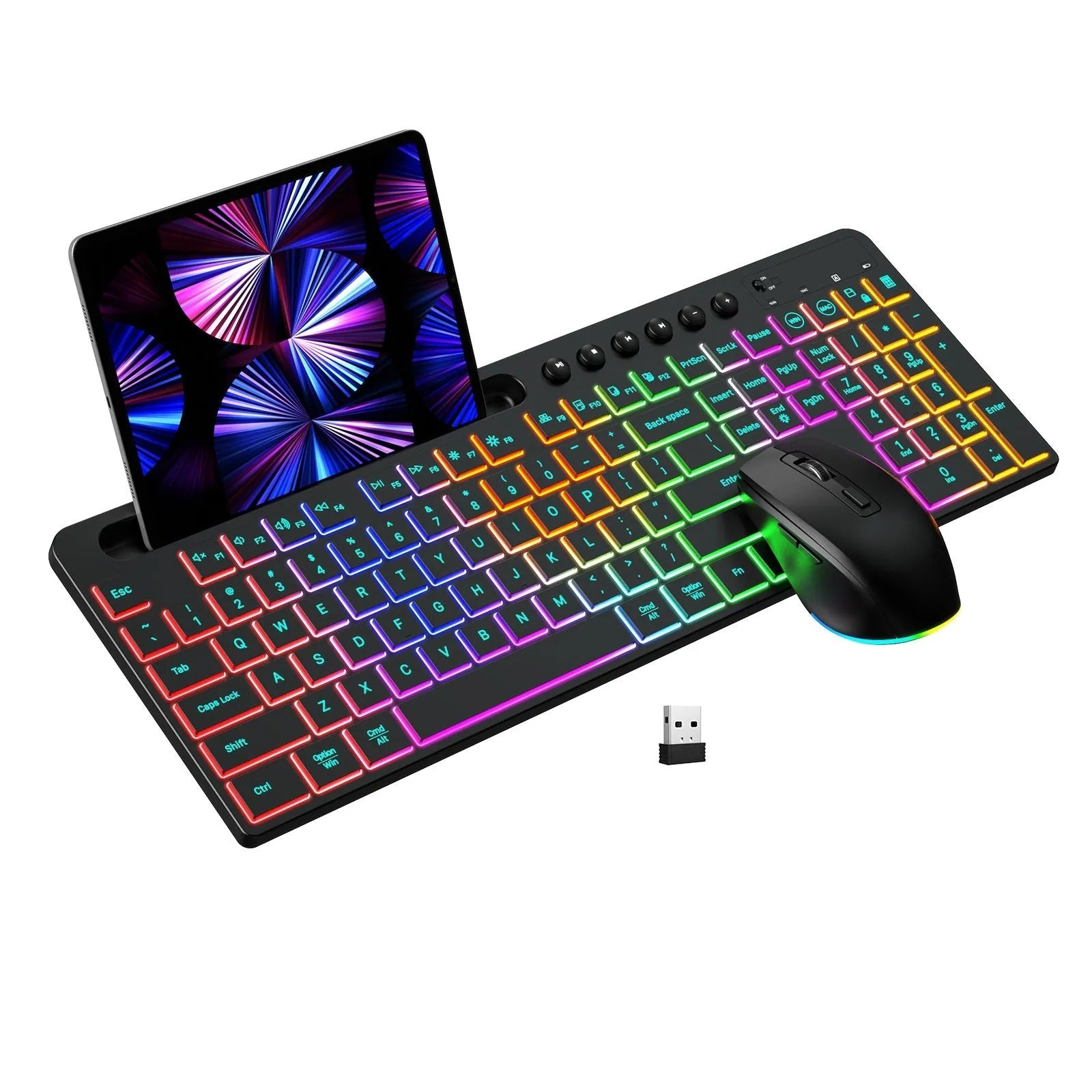 Wireless keyboard and mouse one-piece set with luminous keys and a card slot on a desk.