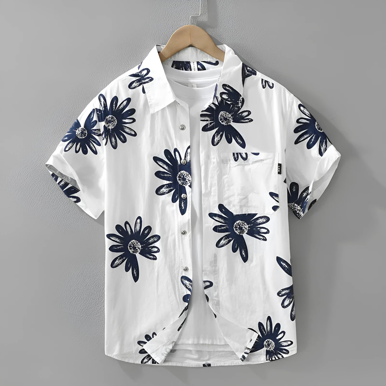 Printed short sleeve shirt in cotton blend fabric showing loose fit and cardigan style design