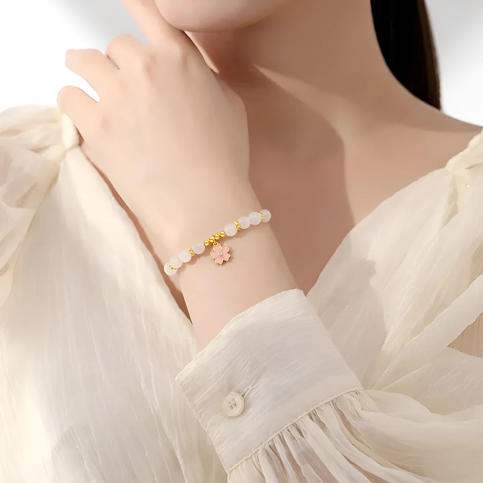 Women's pink bracelet with S925 silver cherry blossom pendant and Hetian jade beads in sweet floral style