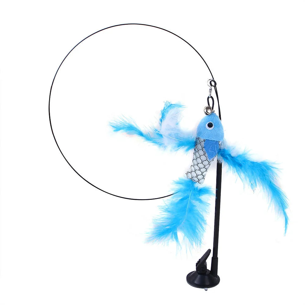 Sucker cat teaser toy with PP body, steel wire wand and replaceable multi-head in blue flying fish, grey strip, grey mouse and green feather options