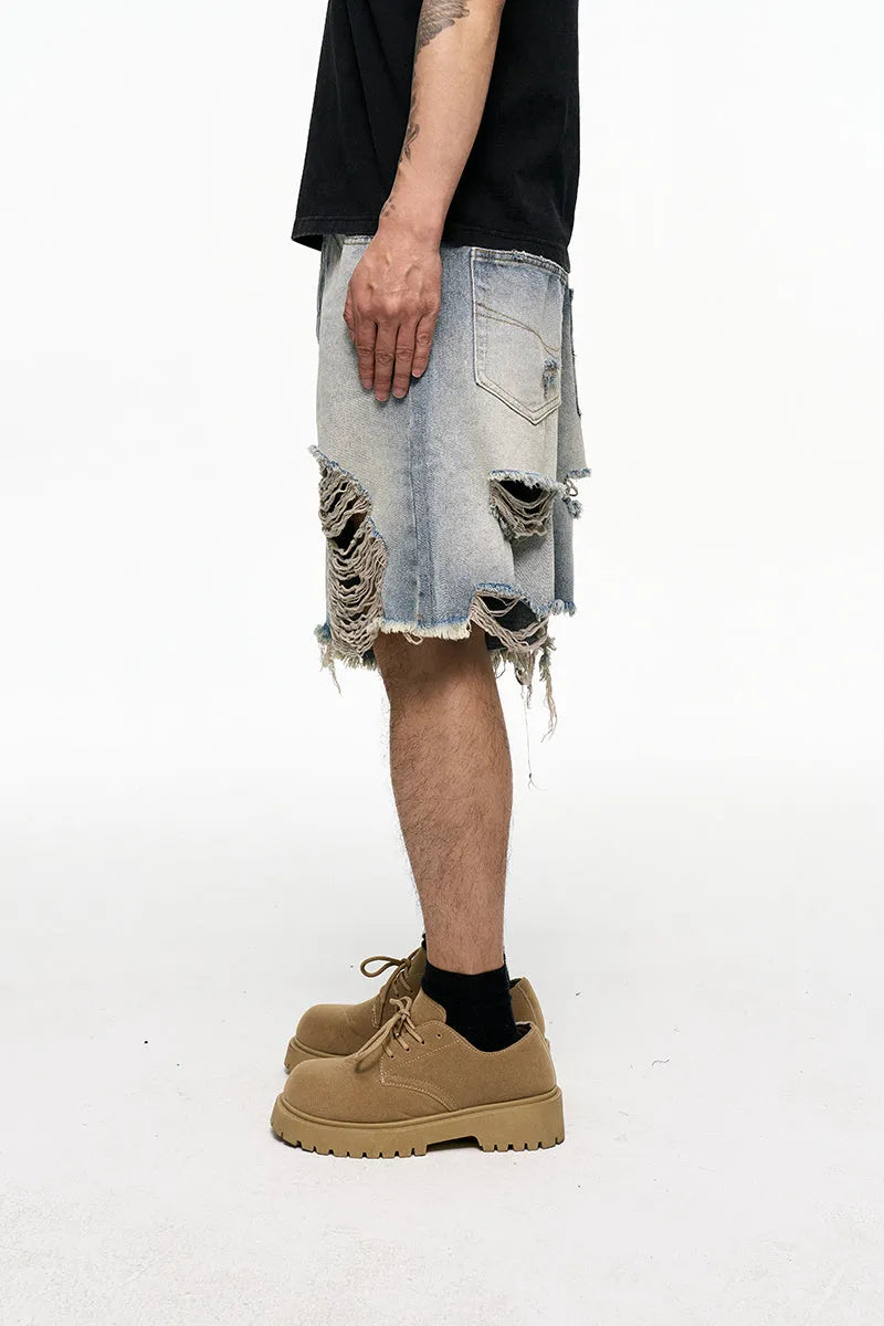 Light blue retro washed men's baggy denim shorts with mid-waist and wide-leg fit