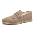 Men's slip-on leather shoes in beige with round toe and 3-5cm heel, showing two-layer cowhide upper