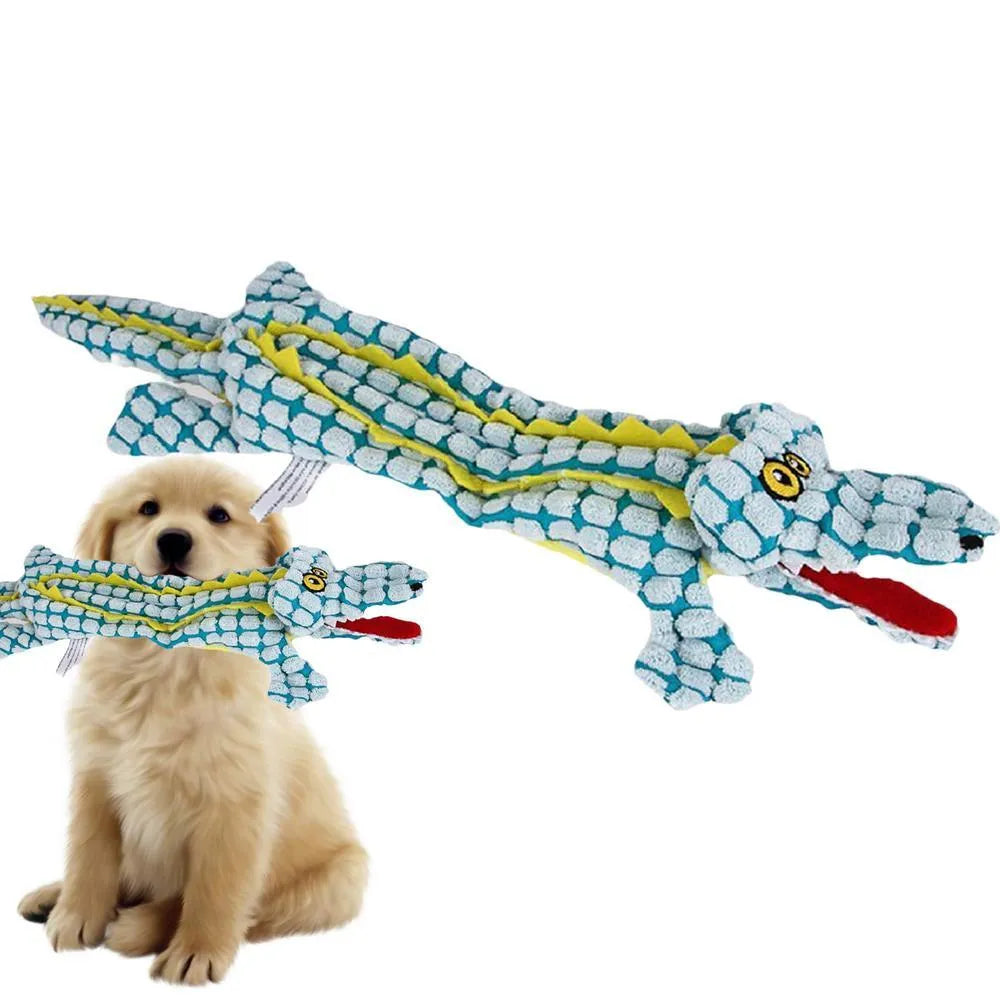 Plush corduroy crocodile-shaped dog toy with squeaker in blue, coffee, or grey colour
