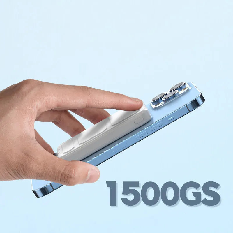 Magnetic suction wireless charging power bank with folding bracket in various colours.