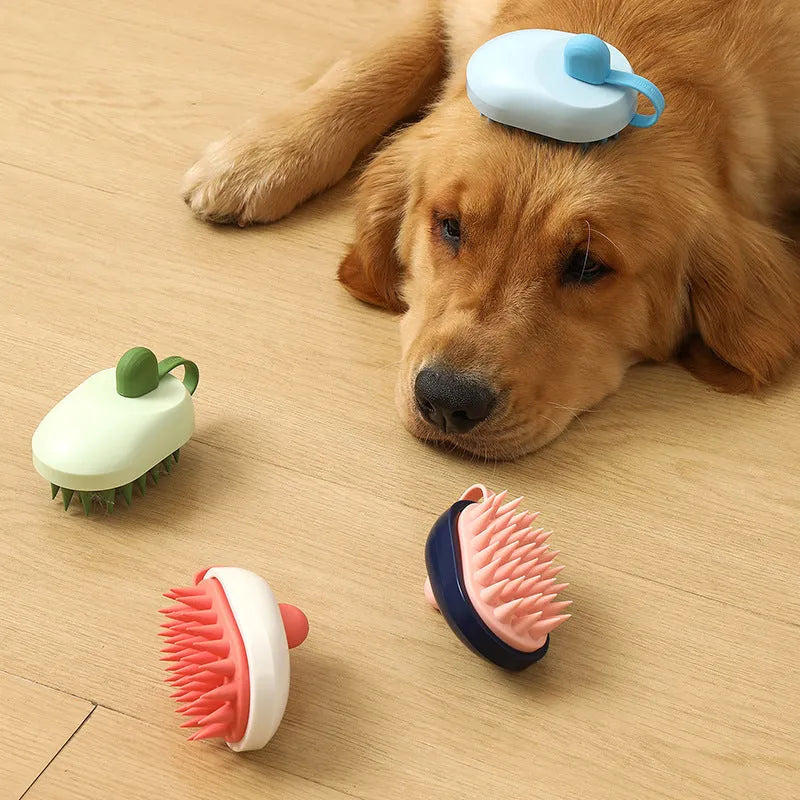 Soft silicone pet hair remover and massage brush for dogs in blue, held in hand.