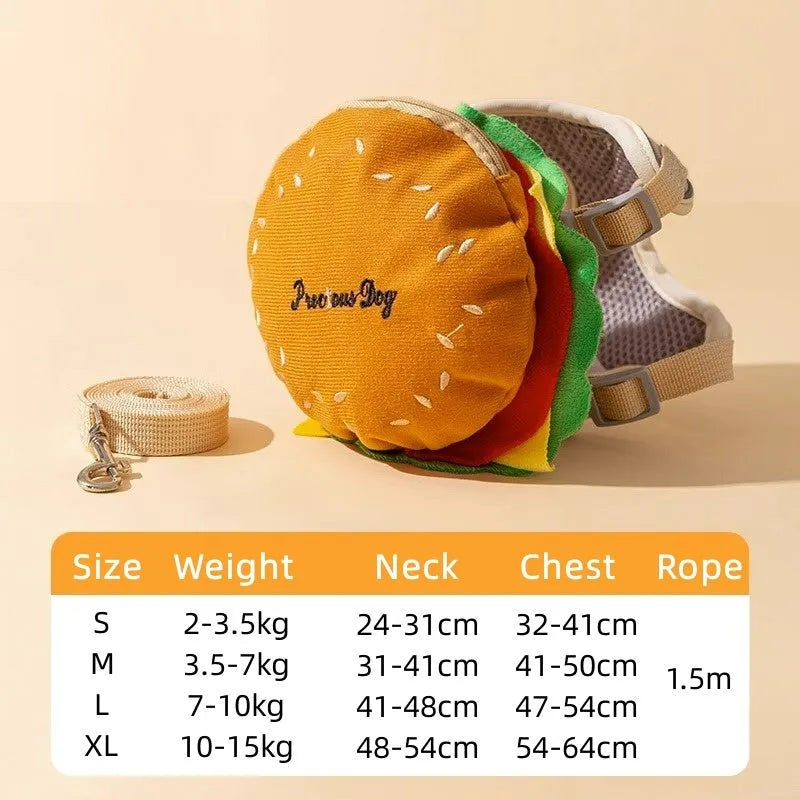 Cartoon hamburger print adjustable vest leash for a dog, showing the escape-proof design and walking rope.