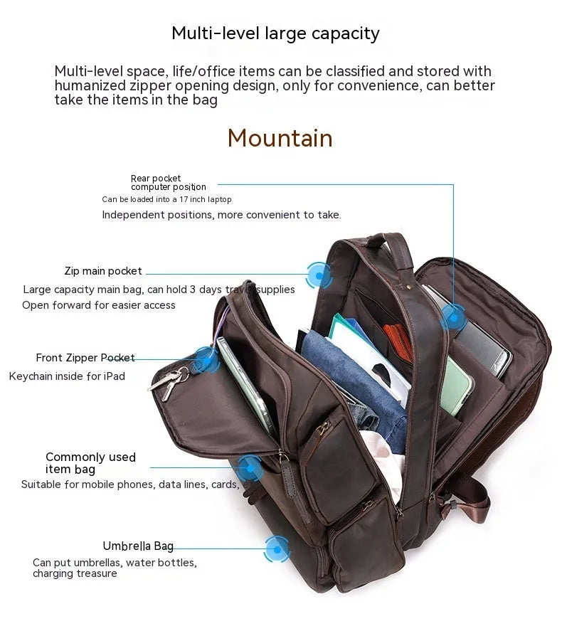 Dark brown genuine cowhide leather backpack with double shoulder straps and organisational compartments for 17-inch laptop