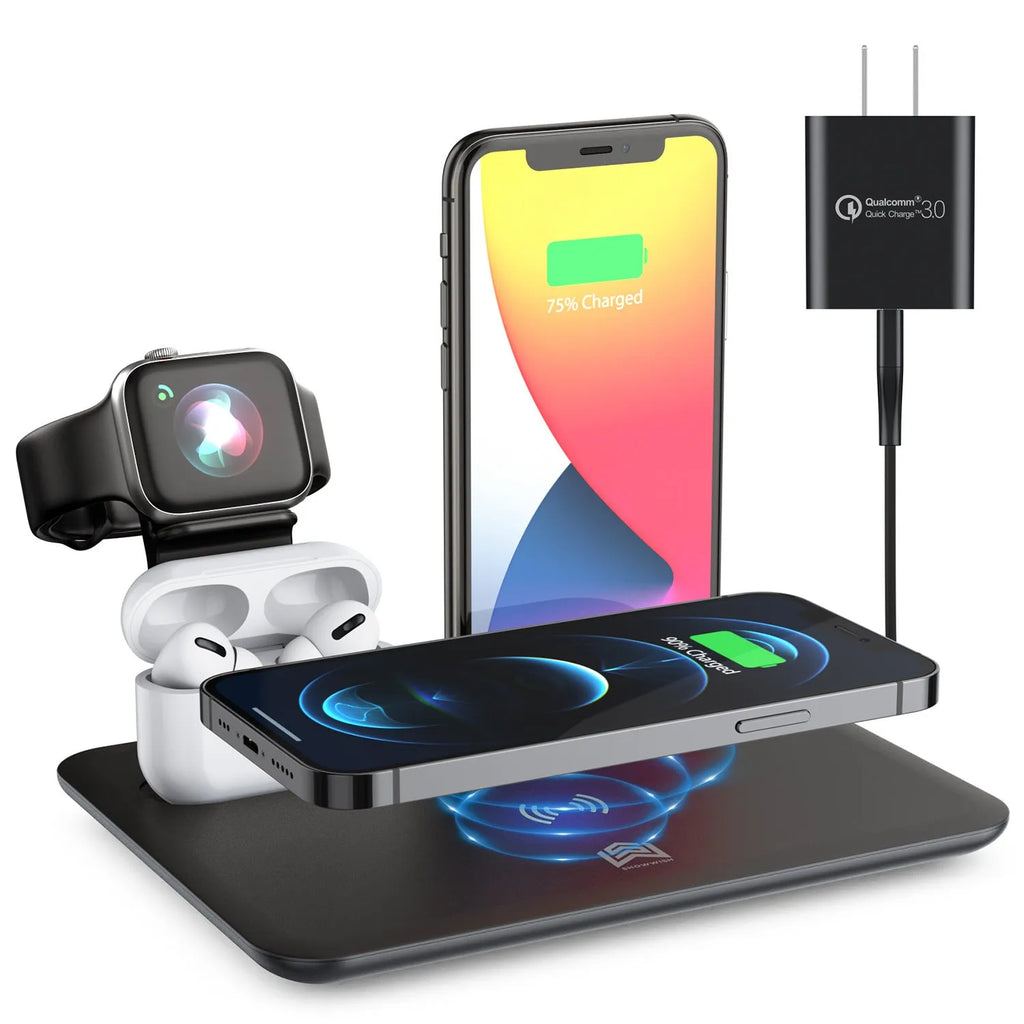 Black wireless charging station on desk with phone, watch, and headphones connected, showing 175mm size