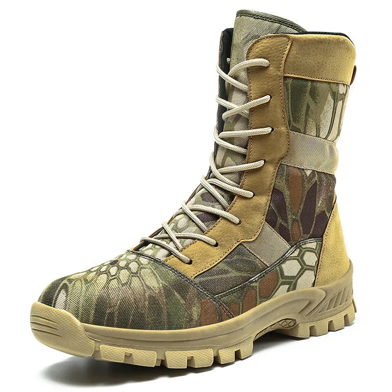 Men's black high-top Martin boots with mesh upper and totem design, size 42 on wooden floor
