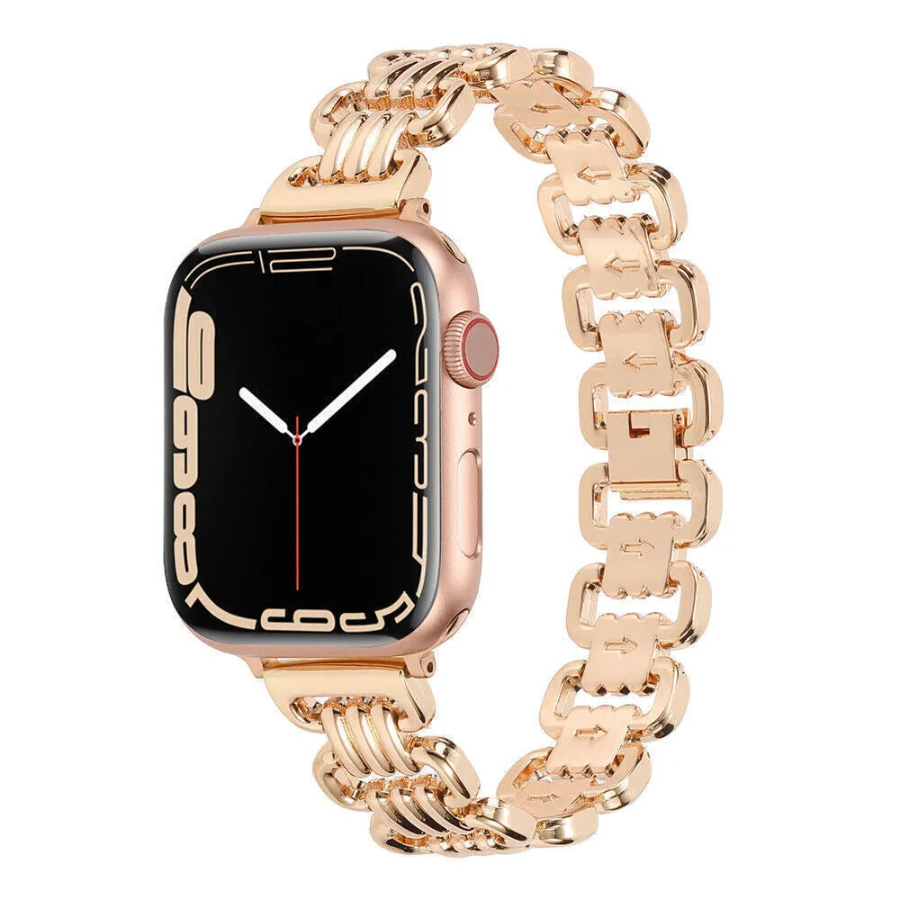 Alloy metal ladies watch bracelet for Apple Watch in silver, black, gold, rose gold, and Starlight colours, sizes 38-49mm