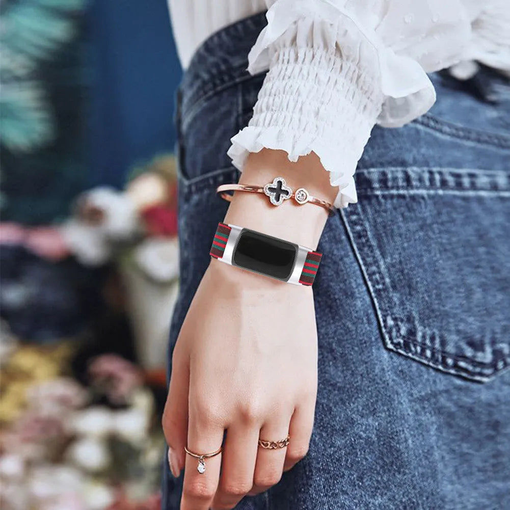 Adjustable printed elastic watch strap compatible with Fitbit Charge 6, shown in a vibrant colour design.