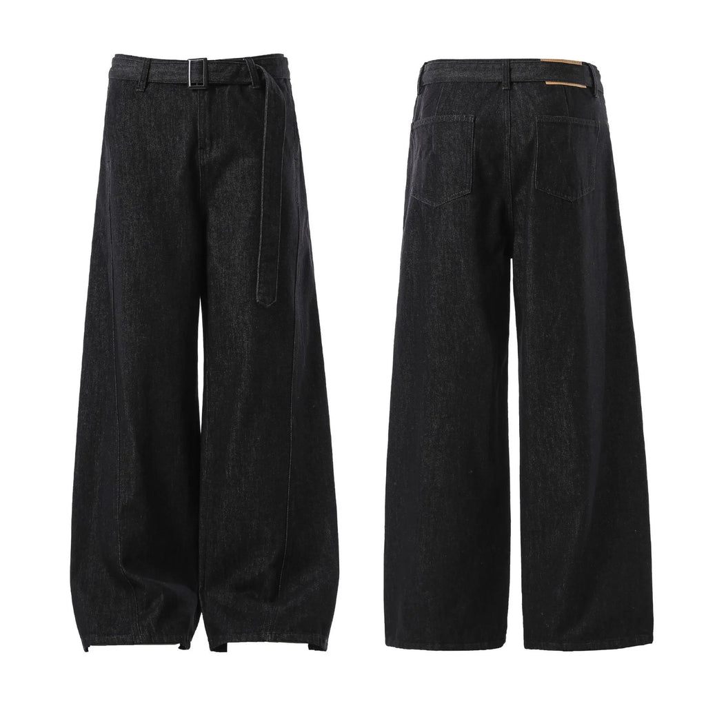 Black high-waisted straight-leg jeans with zip placket, cotton denim fabric for leisure wear