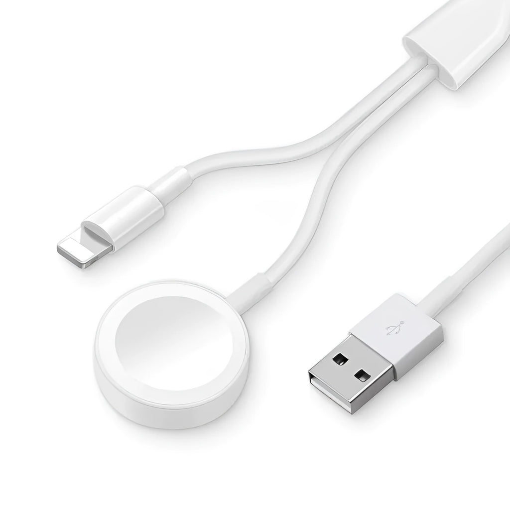 White two-in-one wireless charging stand for smartwatches with USB connection