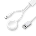 White two-in-one wireless charging stand for smartwatches with USB connection