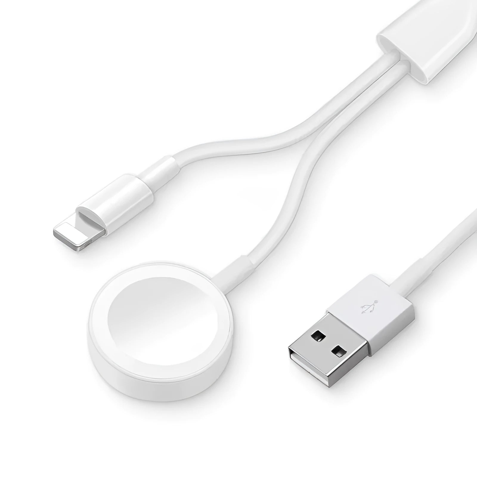 White two-in-one wireless charging stand for smartwatches with USB connection