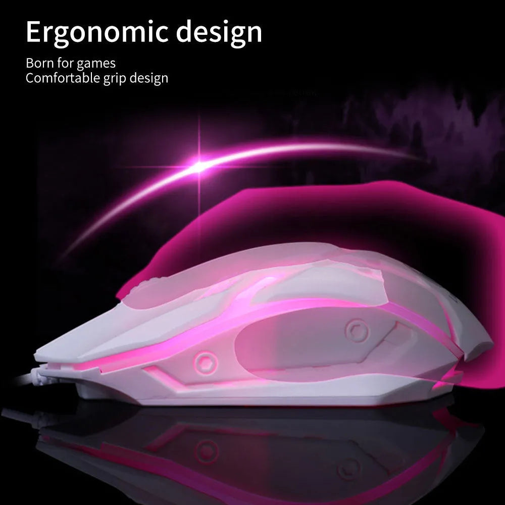 Wired computer mouse with luminous finish and USB cable, showing black and white colour options