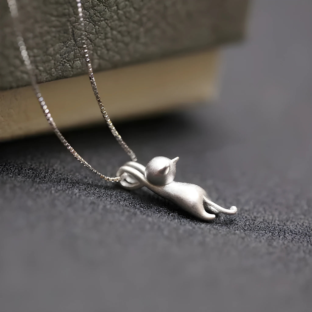 S925 sterling silver cat necklace with box chain, available in frosted or glossy finish