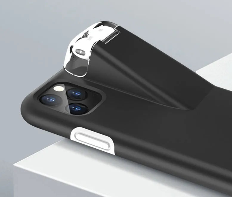 Black phone case with a slot on the back holding a white AirPods charging case