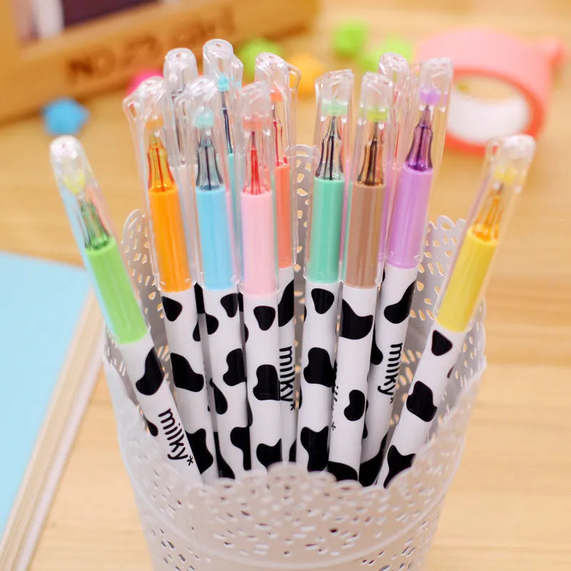 Cow colour gel pen with 0.38mm tip showing 12 different ink colours in plastic shells