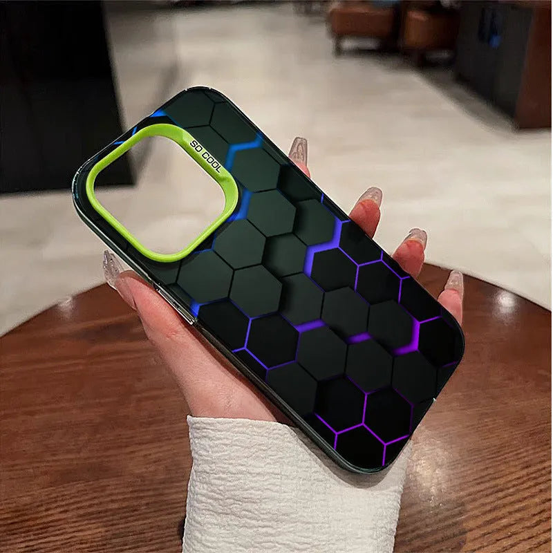 Frosted protective phone case for Apple iPhone with honeycomb square pattern in Moonlight Black.