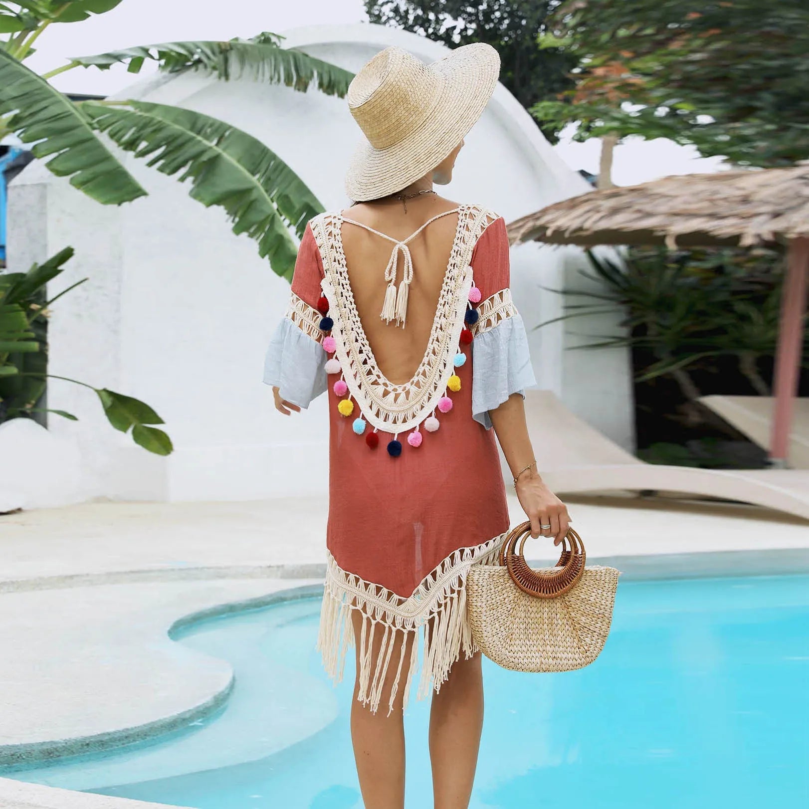 Beach overskirt with hand crochet stitching and bamboo cotton tassels in orange floral pattern