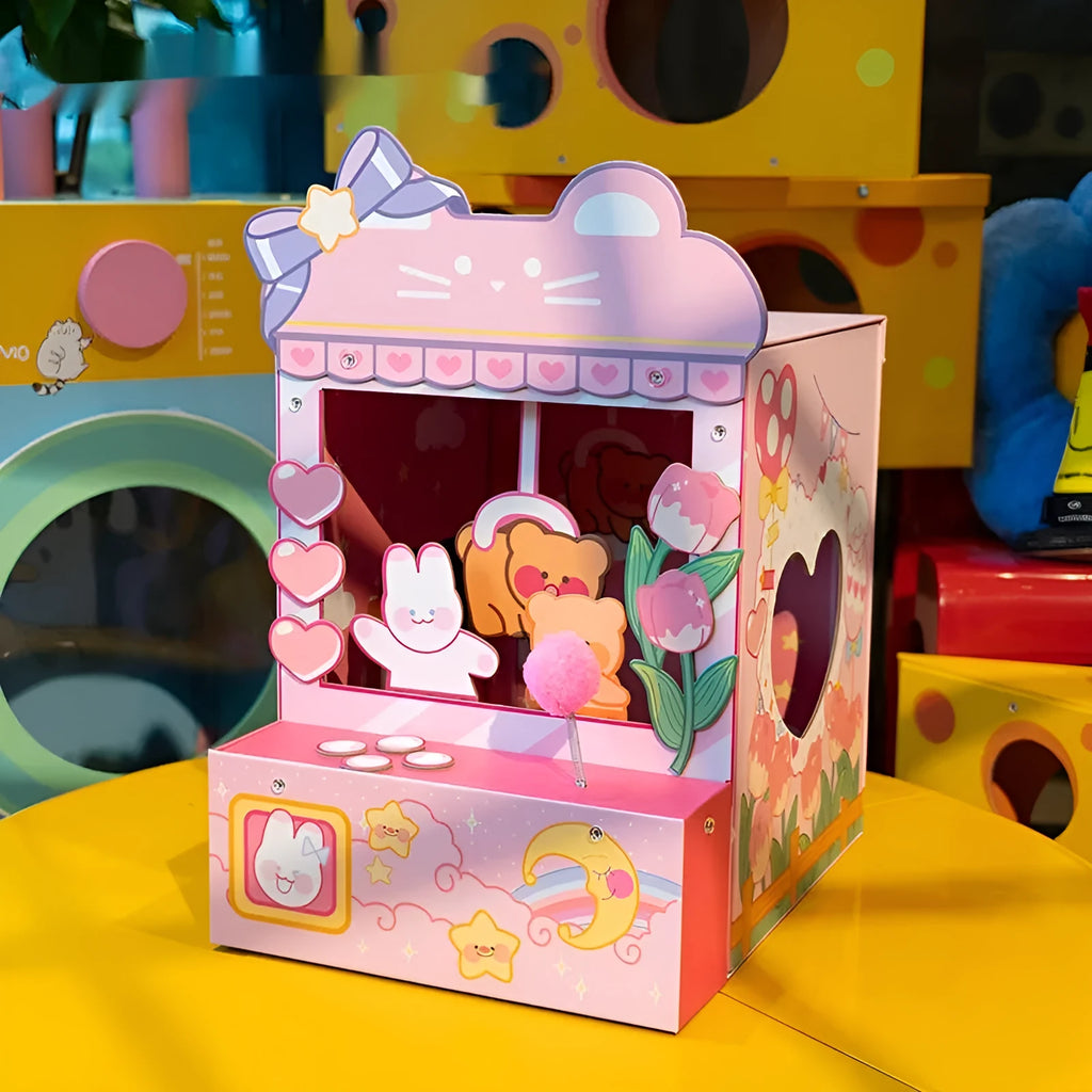 Pink three-in-one tulip clip cat nest crane machine, 35 x 34.5 x 53.5cm, Japanese-style cat villa in grey board and corrugated paper