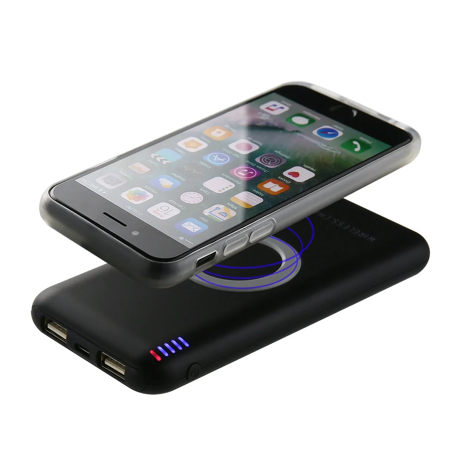 Black B100 wireless charging power bank on a wooden surface, showing USB port and charging indicator.