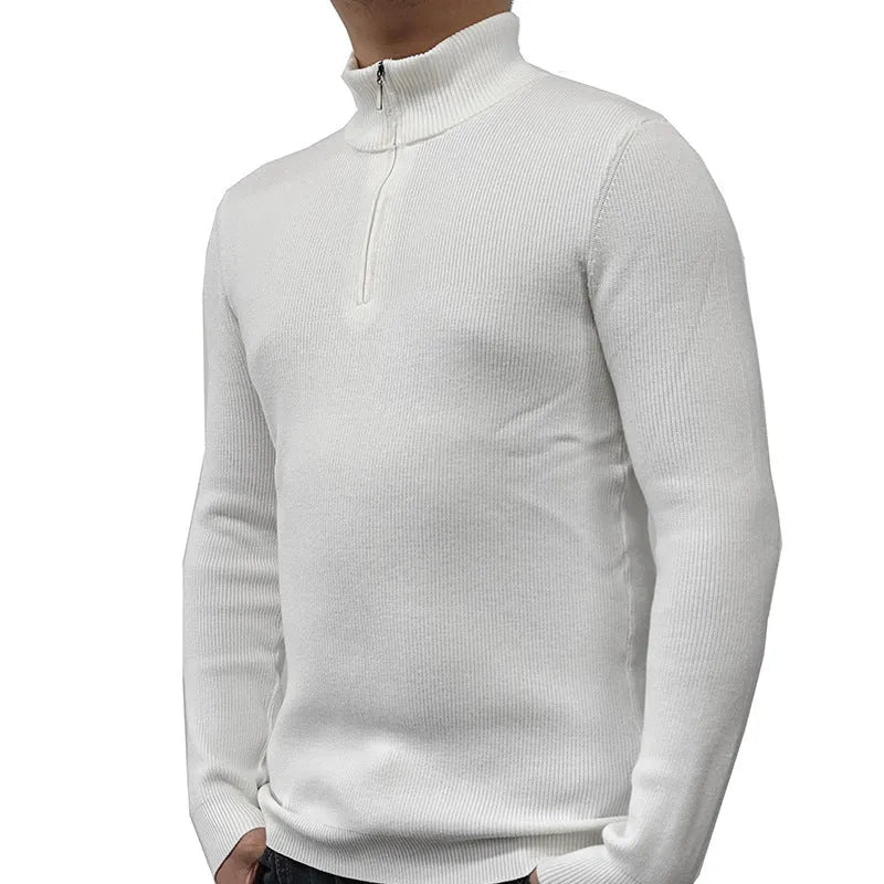 Men's half-turtleneck zipper sweater in cotton blend fabric, British-style pullover with long sleeves for spring autumn wear