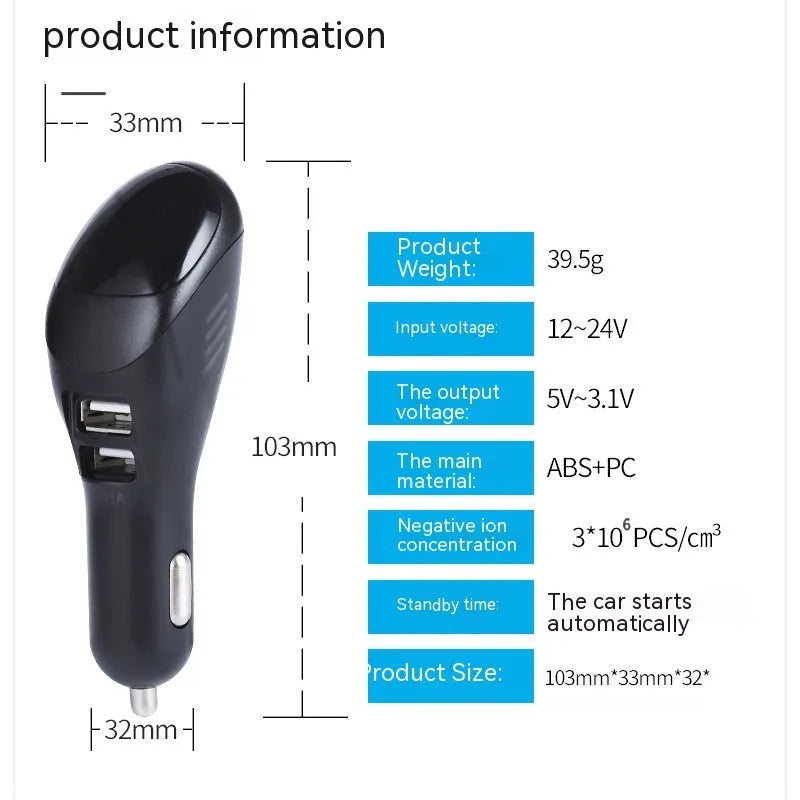 White car USB charger and negative ion air purifier unit with compact design.