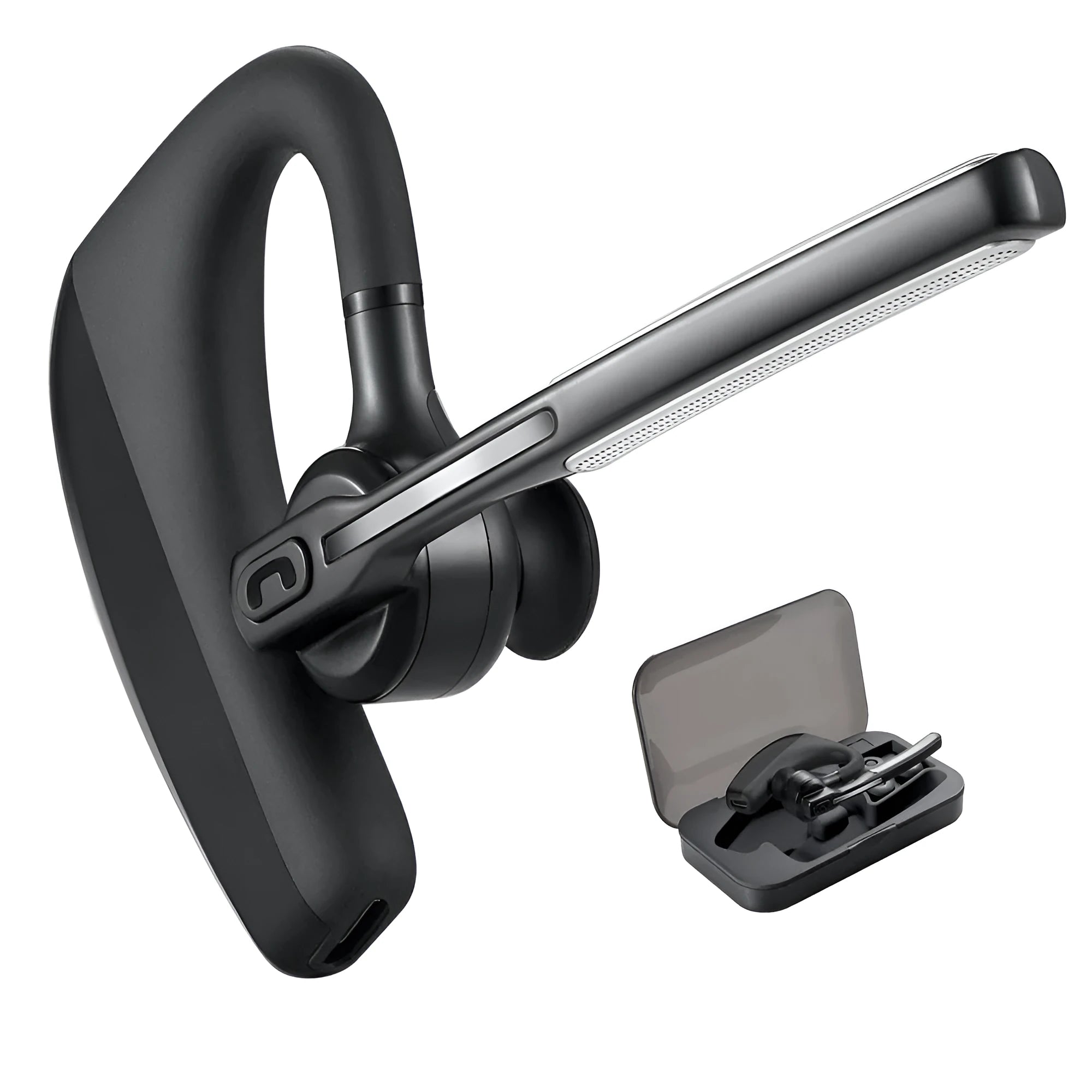 Black true wireless Bluetooth earbuds with charging case