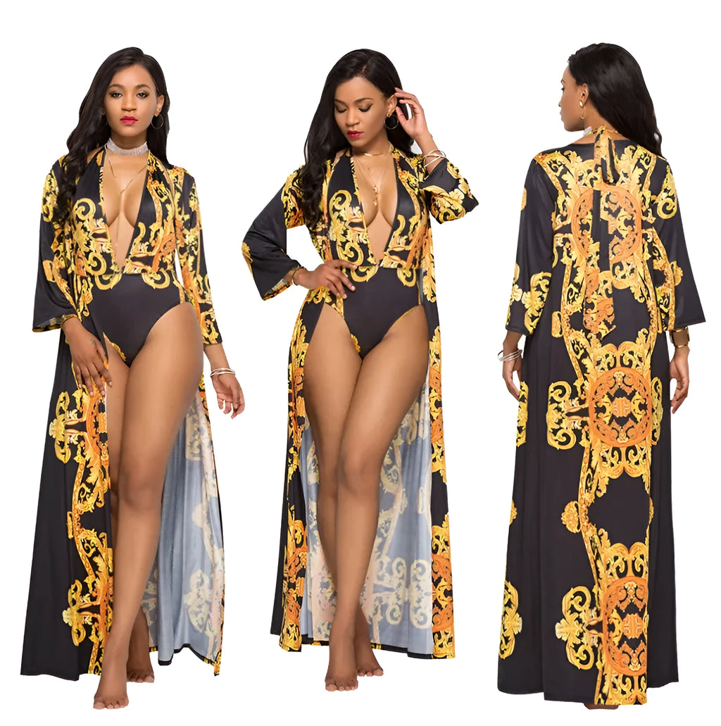 Printed cloak bikini in polyester, available in black or white, sizes M to 2XL