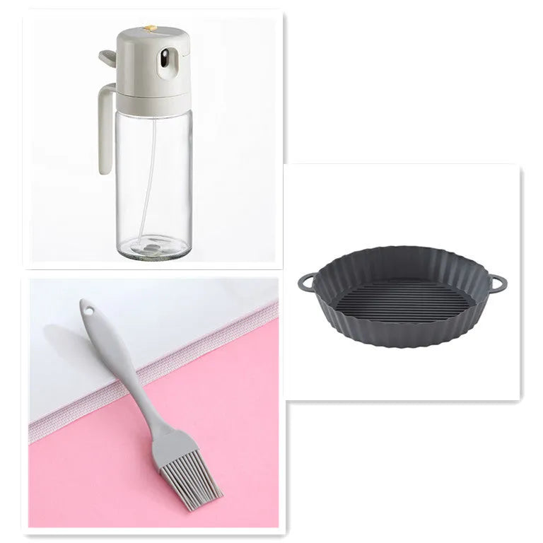 Warm grey glass 2-in-1 oil sprayer and pourer bottle with switchable cap on kitchen counter
