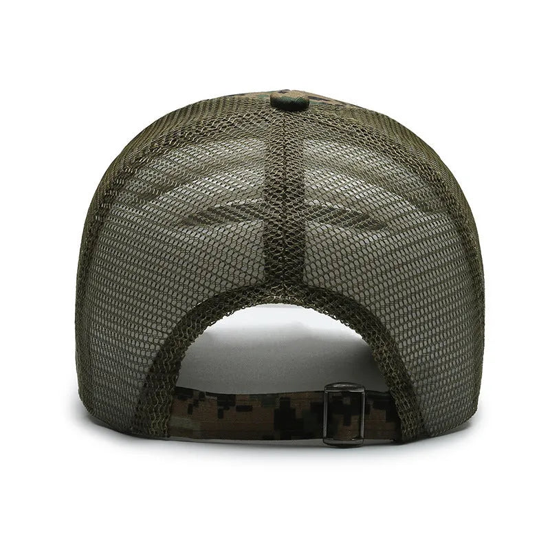 Adjustable tactical camouflage baseball cap with machine embroidery on cotton fabric in seven colour options