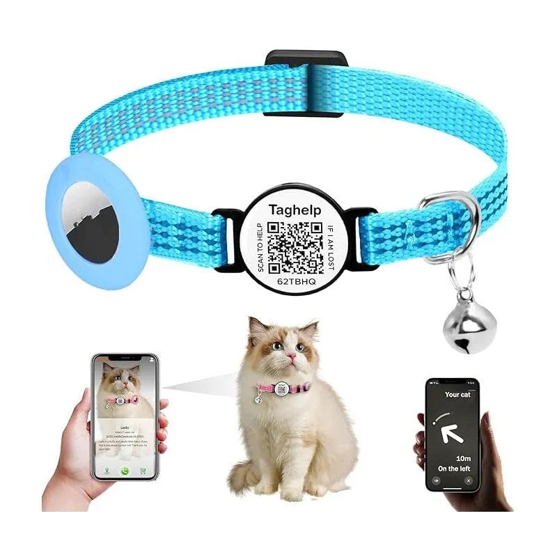 QR code pet collar with silicone AirTag case, reflective stripe or three-line rope, black pink sky blue, 30.48cm