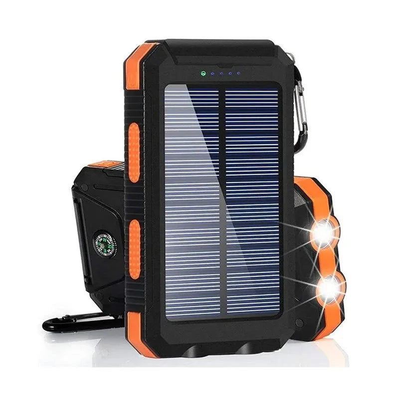 20000mAh solar power bank with compass and dual LED headlights in black, black-blue, or black-orange