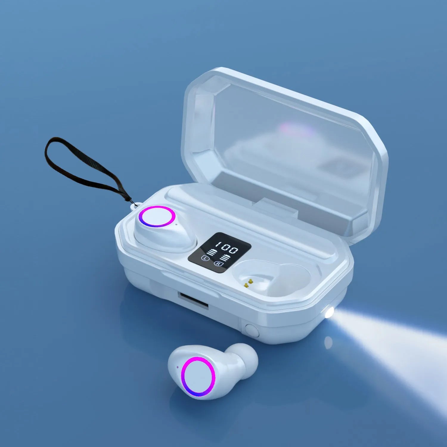 Wireless Bluetooth headset with charging case showing LED power display, black and white colour options