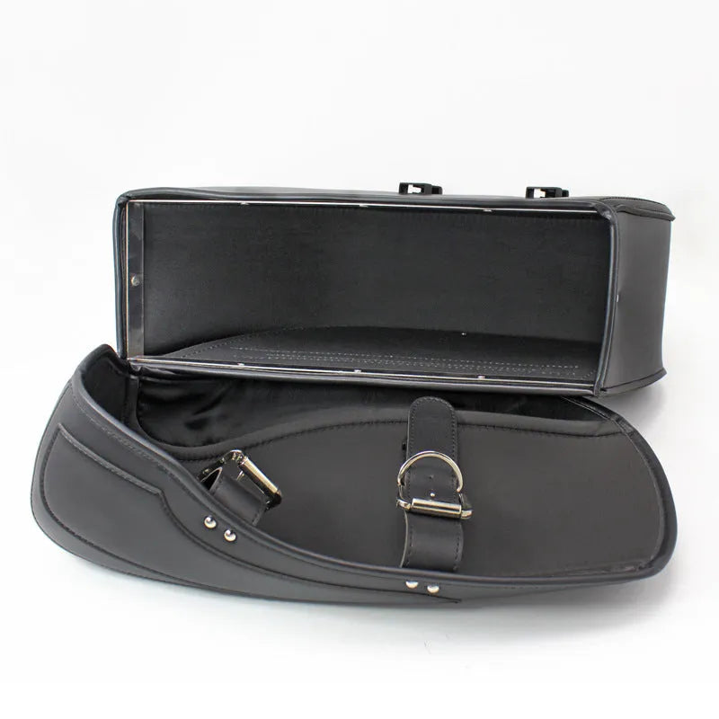 Motorcycle side box saddle bag in black PU leather with retro wind design showing 42cm width